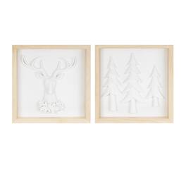 BreeBe - Framed Holiday Deer and Tree Artwork (Set of 2) - White, Brown