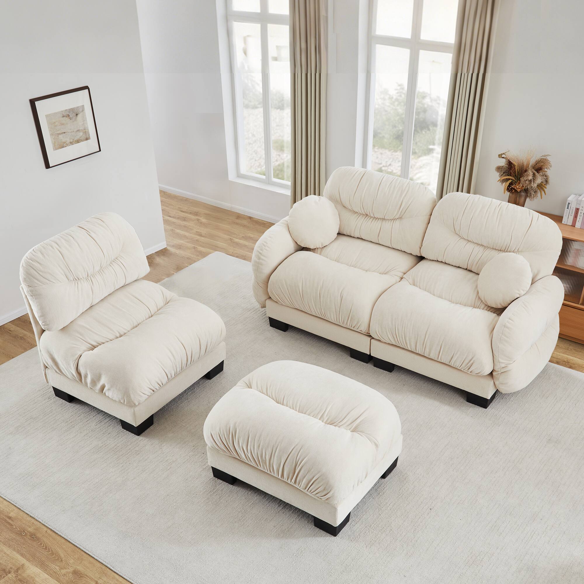 Angle. Anysun - 3 Seater L Shape Sectional Couch with Ottoman, Chenille Fabric, High-Density Foam & Curved Armrests for Living Room - Beige.