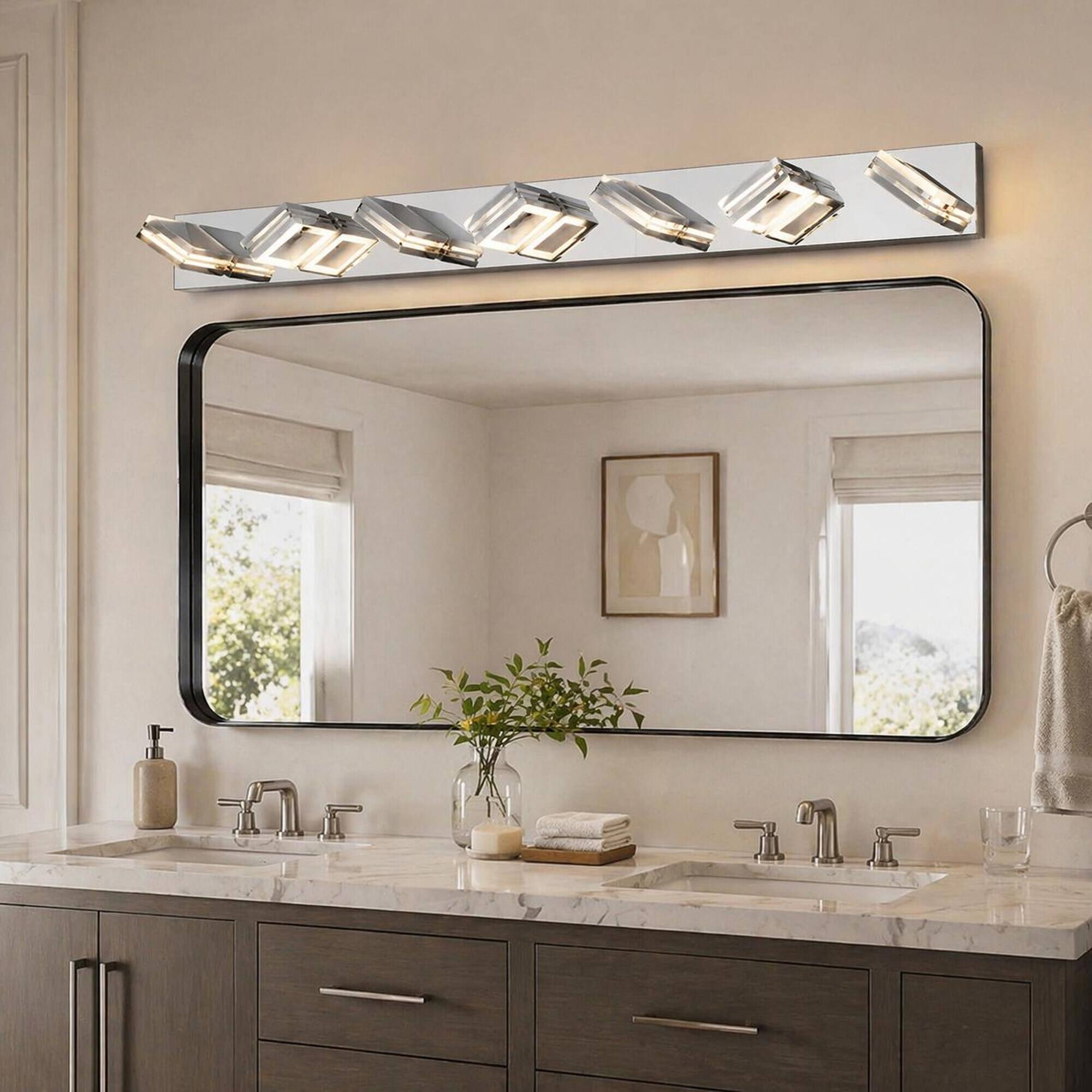 Left. RYHNUYNE - 45" Modern 7‑Light LED Vanity Light,Square Acrylic Shade Bathroom Vanity Light Fixture,Wall Lighting for Bath - Chrome.