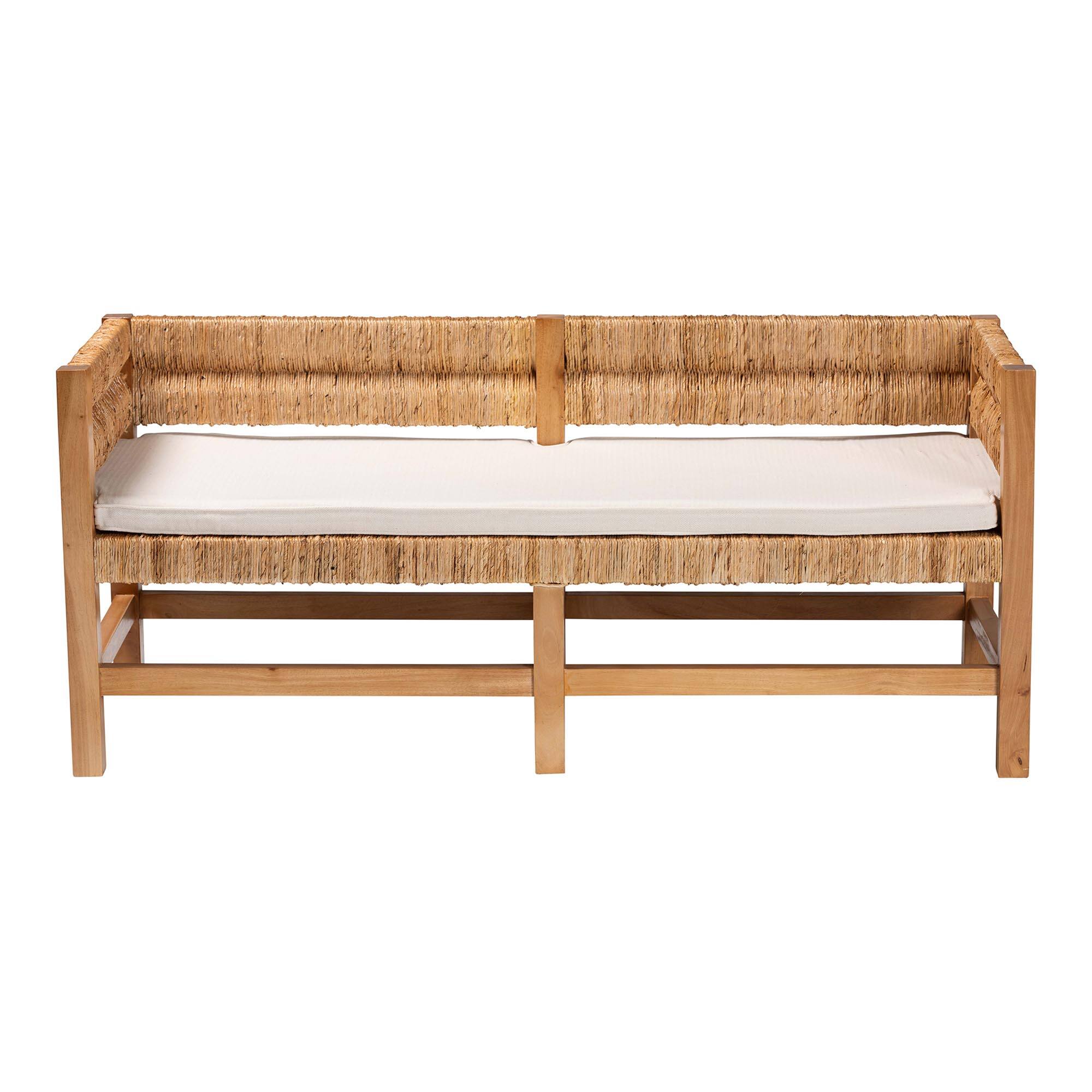Angle. bali & pari - Ismael Accent Bench - Handwoven Seagrass Accent Seating with Mahogany Wood Frame, Raised Back Bench - Natural Brown.