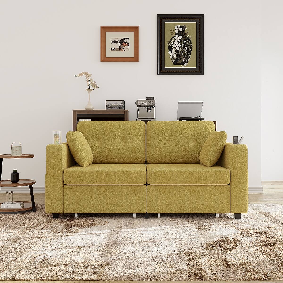 Alt View 3. Ropilly - Ropilly Chenille Sectional Sofa with Storage Chaise, USB Charging Ports and Cup Holders for Small Apartment - Mustard yellow.