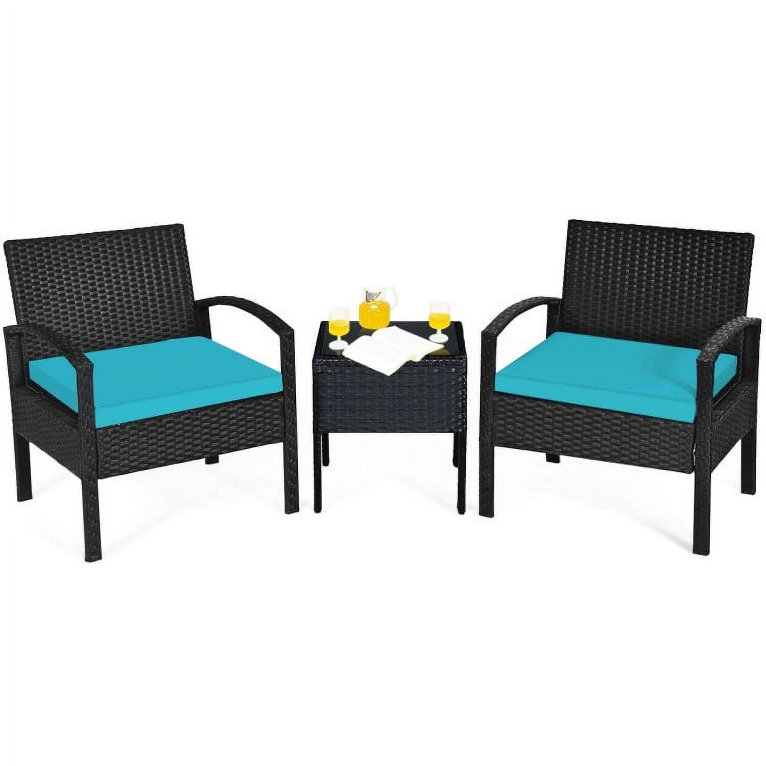 Angle. Kadyn - 3 Pc Patio Conversation Bistro Set with Seat Cushions-Turquoise Outdoor Rattan Patio Conversation Set with Side Table... - Blue.