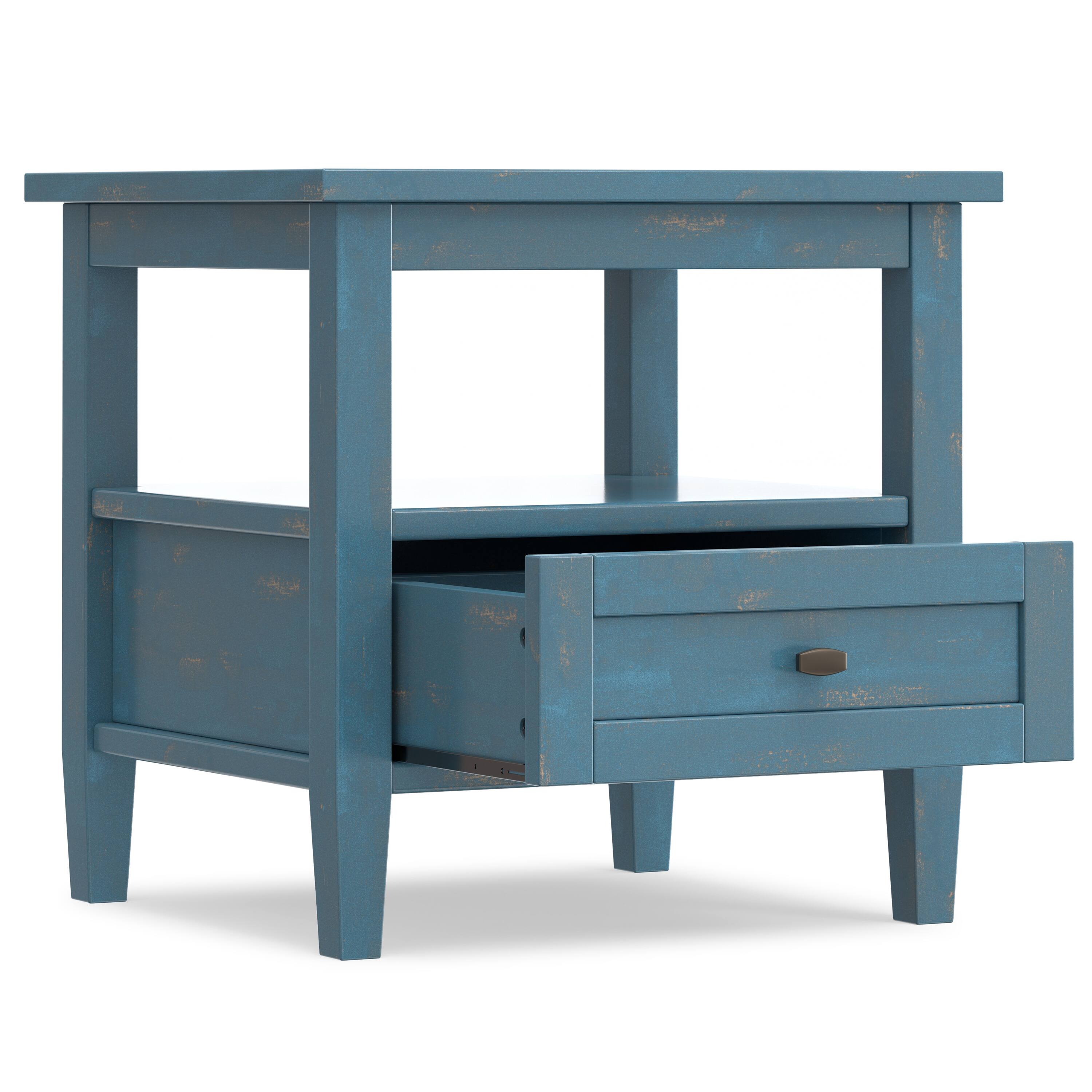 Back. Simpli Home - Warm Shaker Solid Wood 20 inch Wide Transitional End Table in Distressed Coastal Blue - Distressed Coastal Blue.