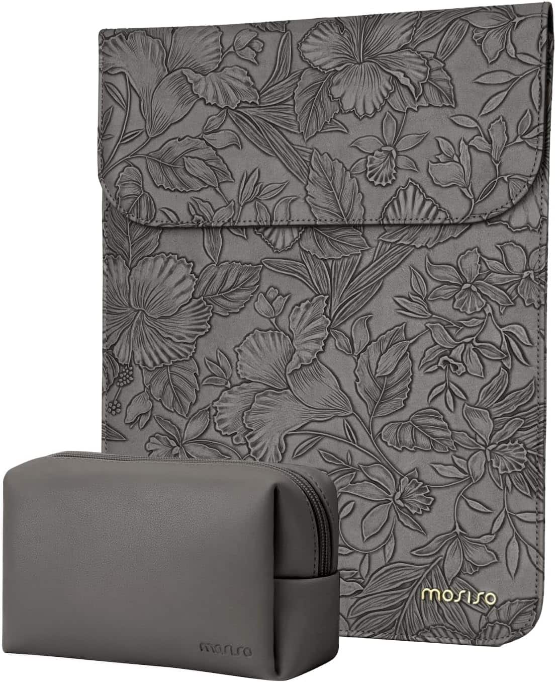 mosiso - Embossed Hibiscus PU Leather Laptop Sleeve 13 Inch with Accessory Pouch for MacBook Neo 13/Air Pro 13 14 M5 M4 M3 M2 M1 - Gray