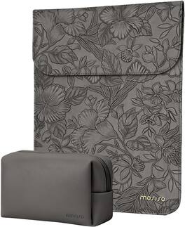 mosiso - Embossed Hibiscus PU Leather Laptop Sleeve 13 Inch with Accessory Pouch for MacBook Neo 13/Air Pro 13 14 M5 M4 M3 M2 M1 - Gray