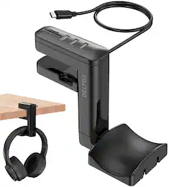 Delton - HS7 Headset Stand with Under-Desk Holder and 3 USB-A Ports, (DHS3USB) - Black