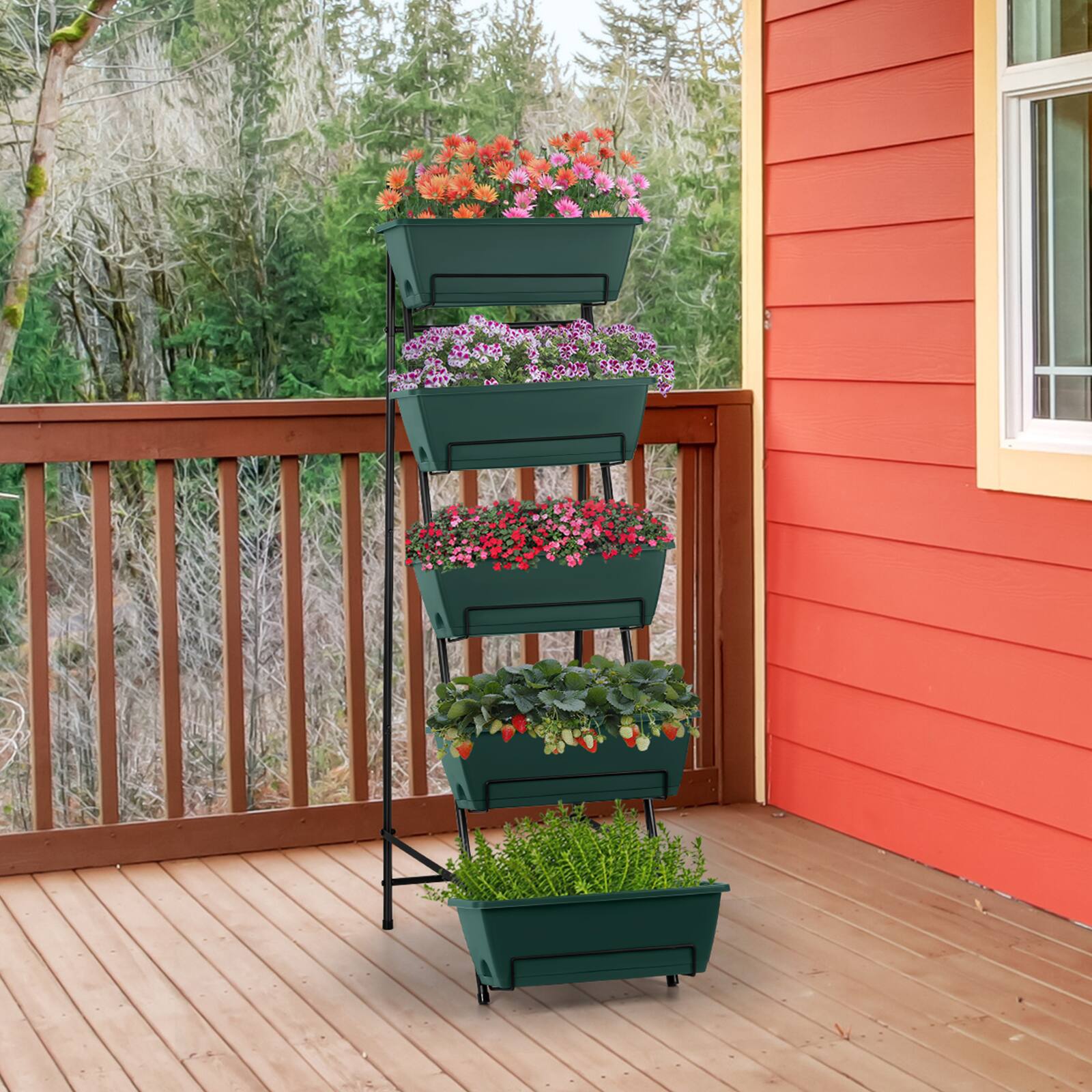 Alt View 2. Oumilen - 5-Tier Vertical Raised Garden Bed, Black Metal Plant Stand with 5 Green Planter Boxes for Patio Balcony Backyard.