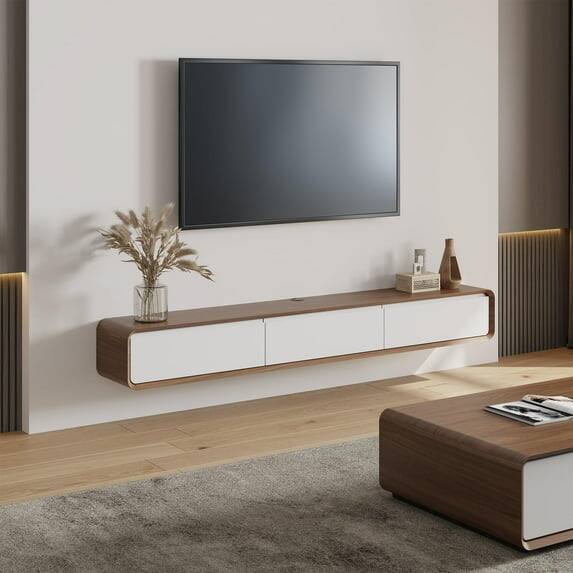 Angle. POVISON - 79" Fully-Assembled Floating TV Stand,White & Brown - White & Brown.