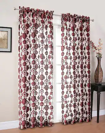 Front. Kate Aurora - Moroccan Accents by Kate Aurora 1 Piece Rod Pocket Clipped Elegant Sheer Curtain Panel - Burgundy - Burgundy.