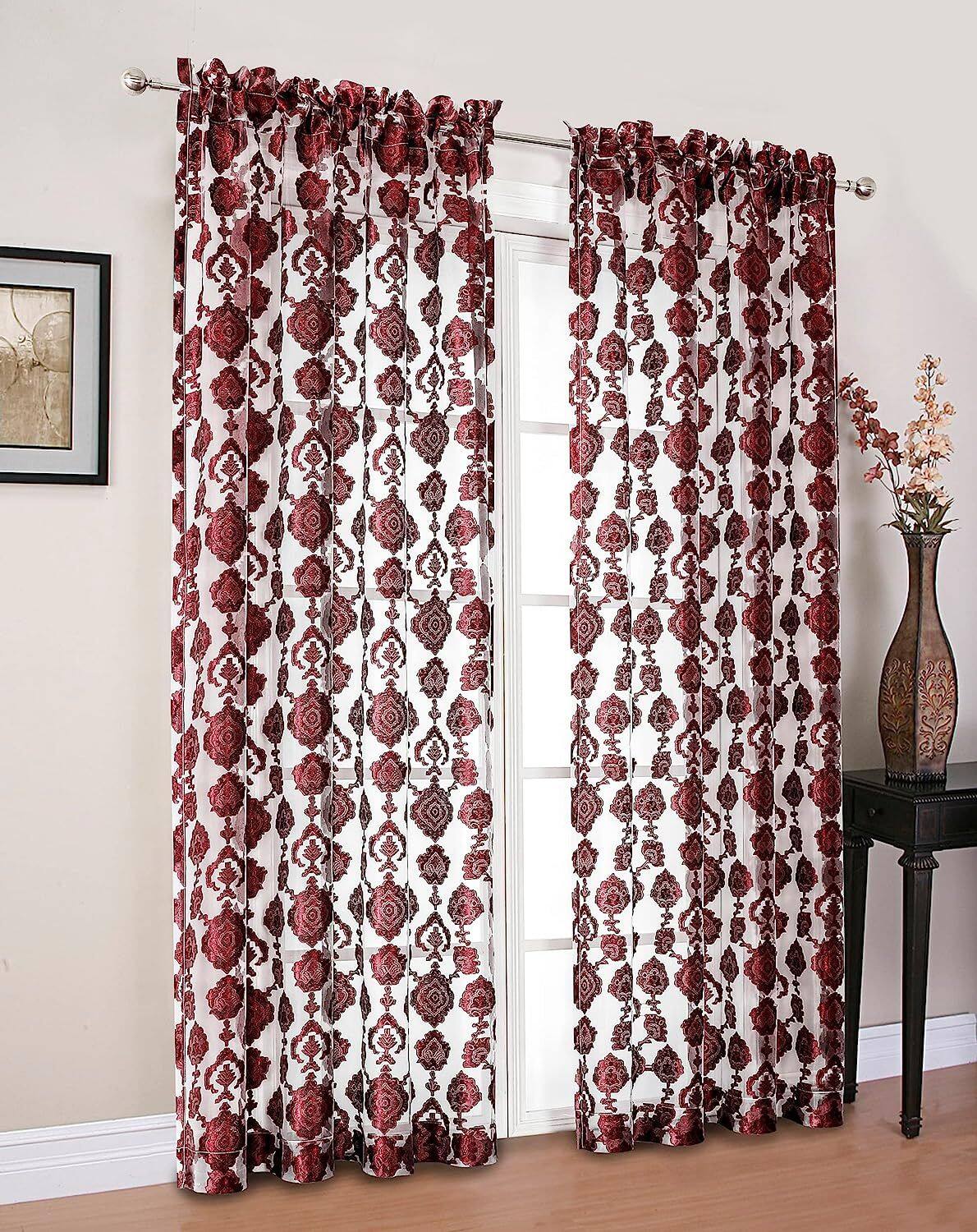 Front. Kate Aurora - Moroccan Accents by Kate Aurora 1 Piece Rod Pocket Clipped Elegant Sheer Curtain Panel - Burgundy - Burgundy.