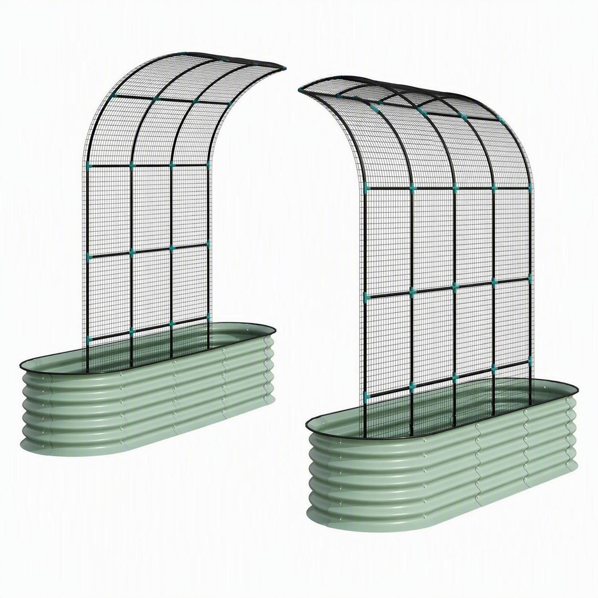 Front. RYHNUYNE - Raised Garden Bed Set with Arch Trellis and Climbing Net for Vegetables and Flowers, Galvanized Steel Planter - Green.