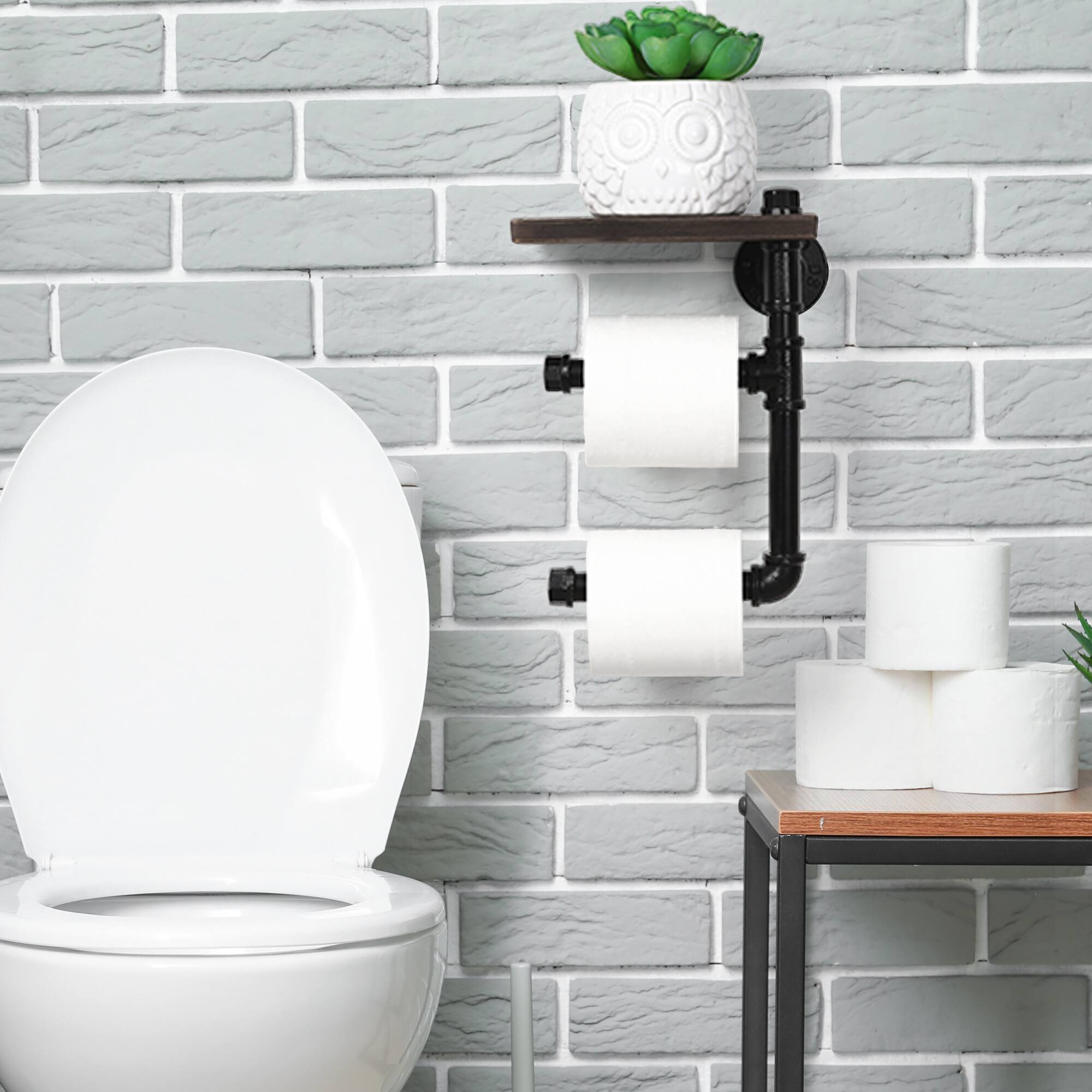 Back. Oumilen - Industrial Pipe Double Toilet Paper Holder with Dark Brown Shelf – Wall Mounted 2-Roll Tissue Rack.