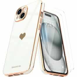Entronix - Complete Protection Bundle for iPhone 14 Plus - Glossy Heart Case & 2 Clear Screen Protectors - White