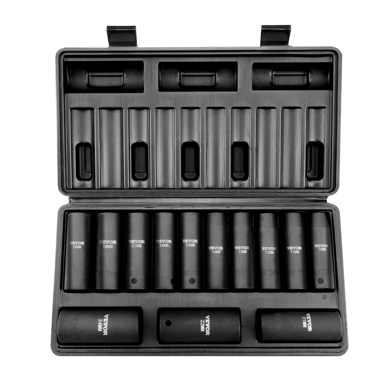 VEVOR - 1/2" Drive Impact Socket Set, 13 Piece Deep Socket Set Metric 10-24mm, 6 Point CR-V Alloy Steel for Auto Repair - Black