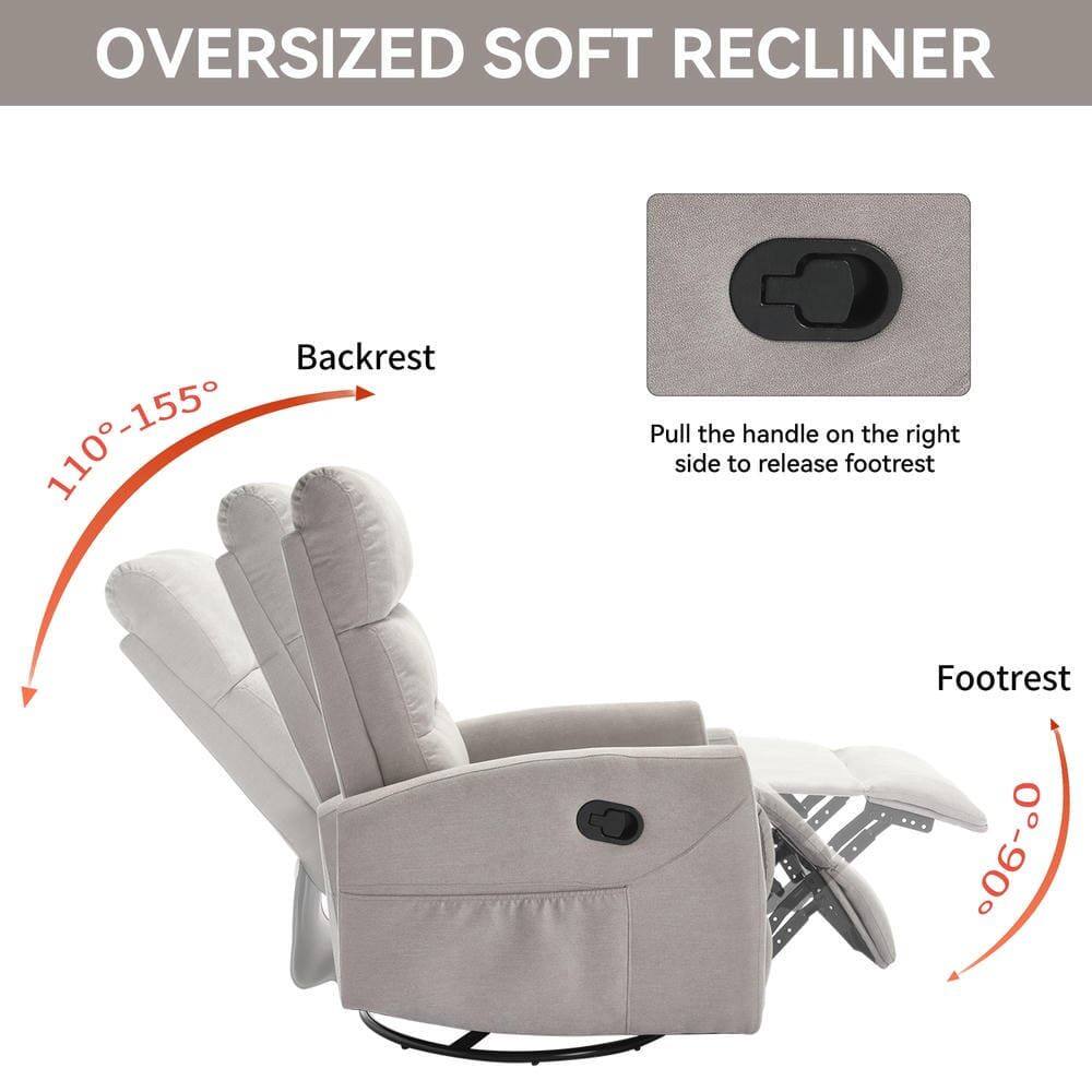 **OVERSIZED SOFT RECLINER**

- **Backrest:** 110°-155°
- **Footrest:** 0°-90°

**Instructions:**
- Pull the handle on the right side to release footrest.