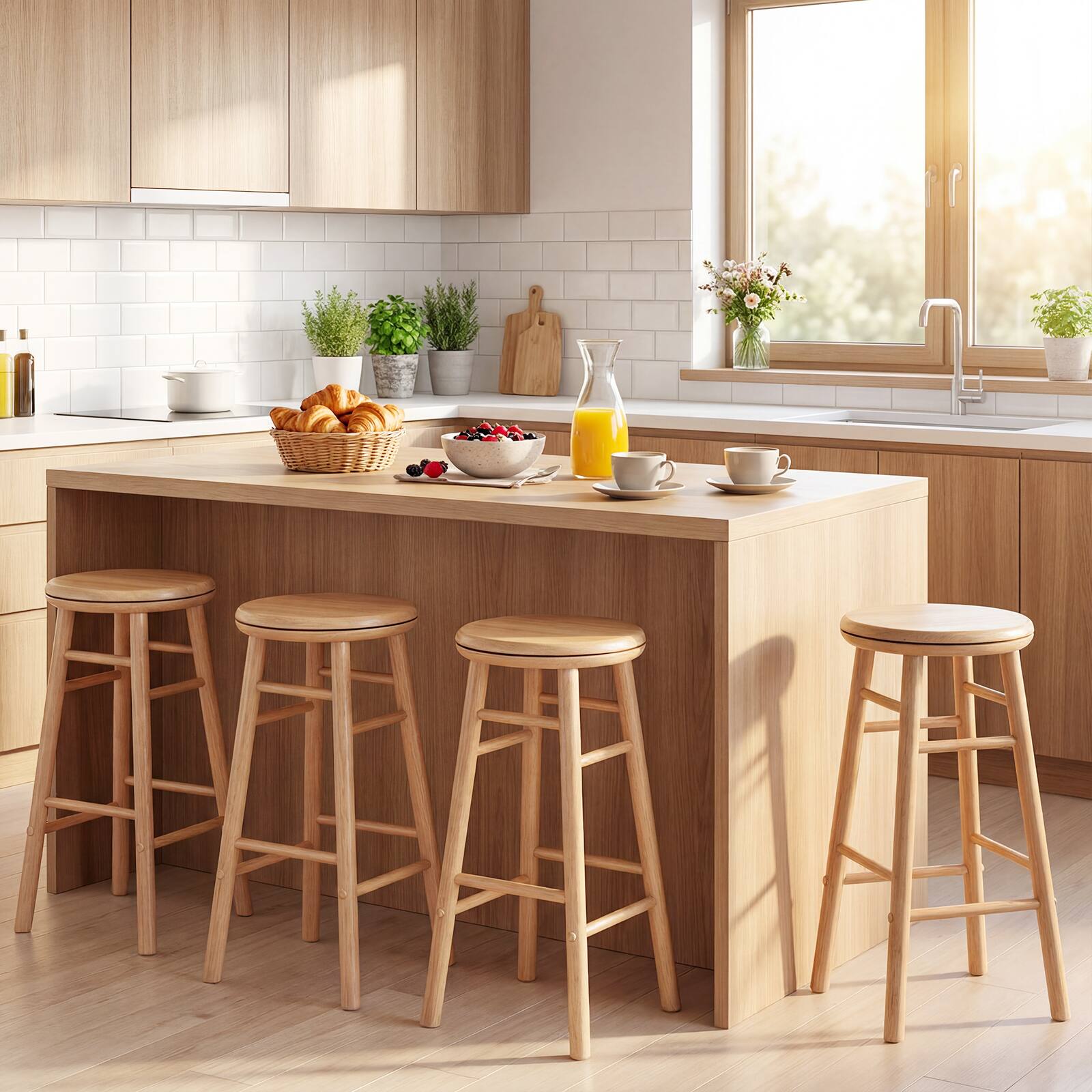 Alt View 4. Costway - Costway 24" Swivel Bar Stools Set of 4 with Backless Design, Footrests & Strong Crossbars - Natural.