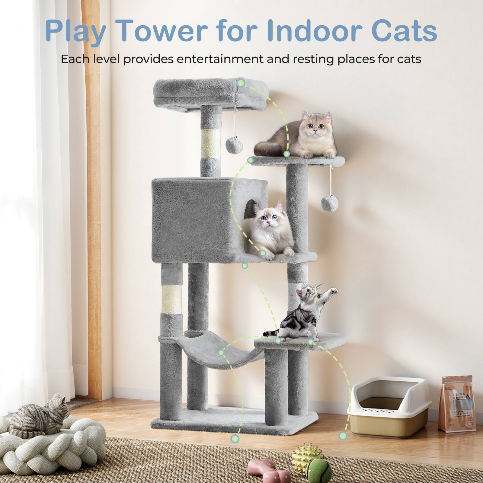Play Tower for Indoor Cats  
Each level provides entertainment and resting places for cats