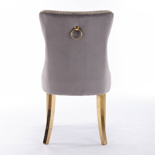 Left. LUCKY ONE - Assembled Tufted Velvet Dining Chair Set of 2 with Chrome Stainless Steel Legs Nailhead Trim - Gray.