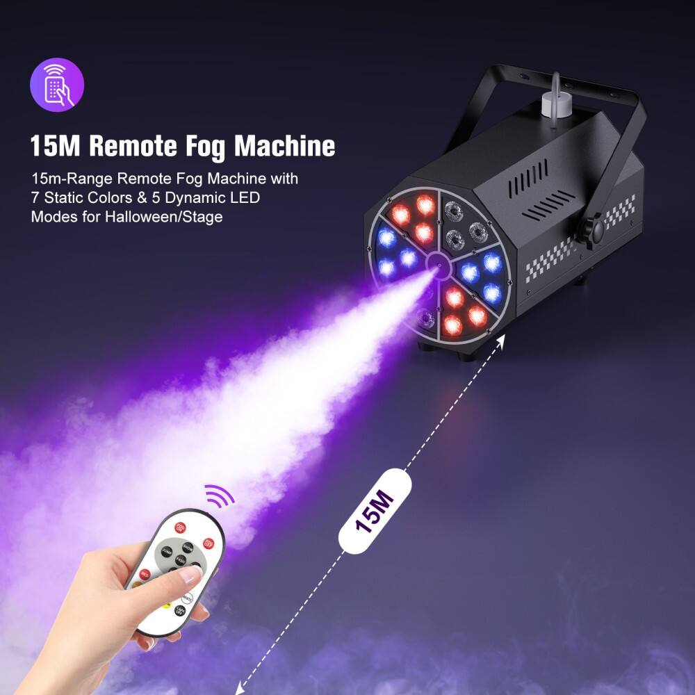 15M Remote Fog Machine  
15m-Range Remote Fog Machine with 7 Static Colors & 5 Dynamic LED Modes for Halloween/Stage