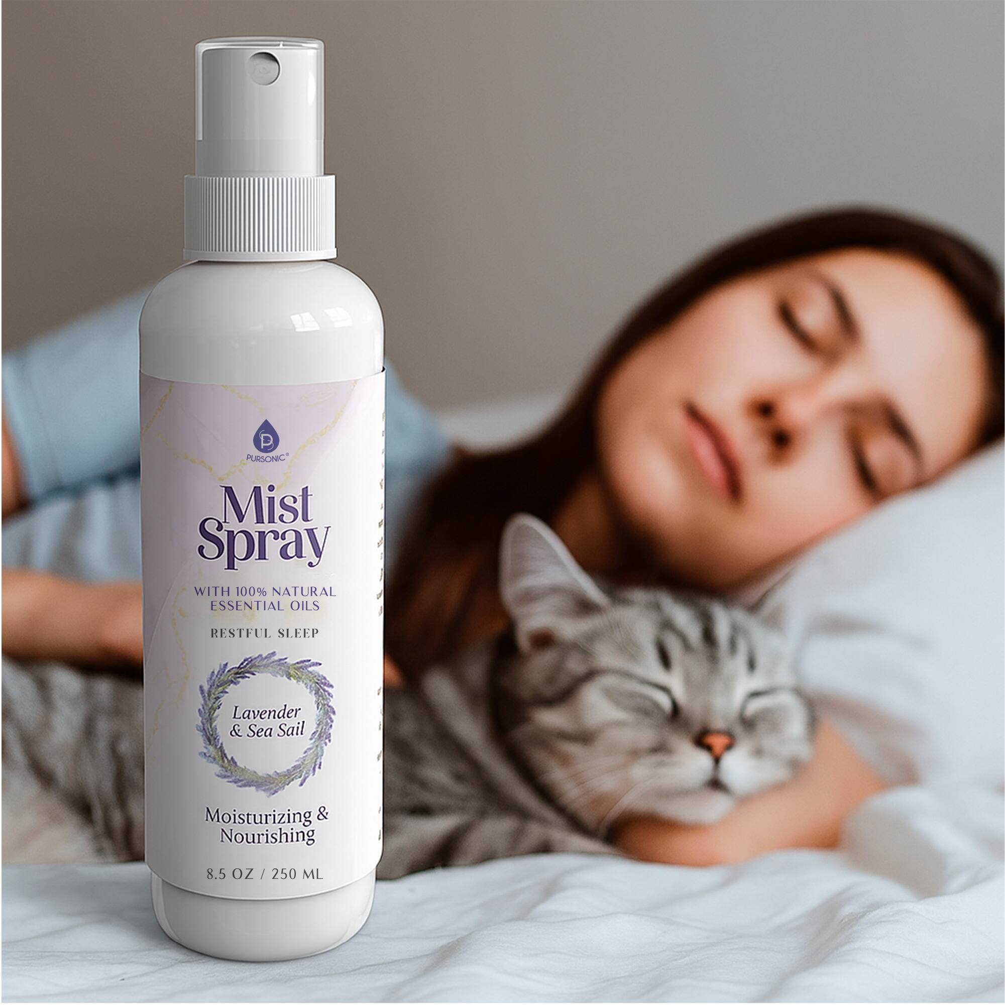 Mist Spray  
WITH 100% NATURAL ESSENTIAL OILS  
RESTFUL SLEEP  
Lavender & Sea Salt  
Moisturizing & Nourishing  
8.5 OZ / 250 ML