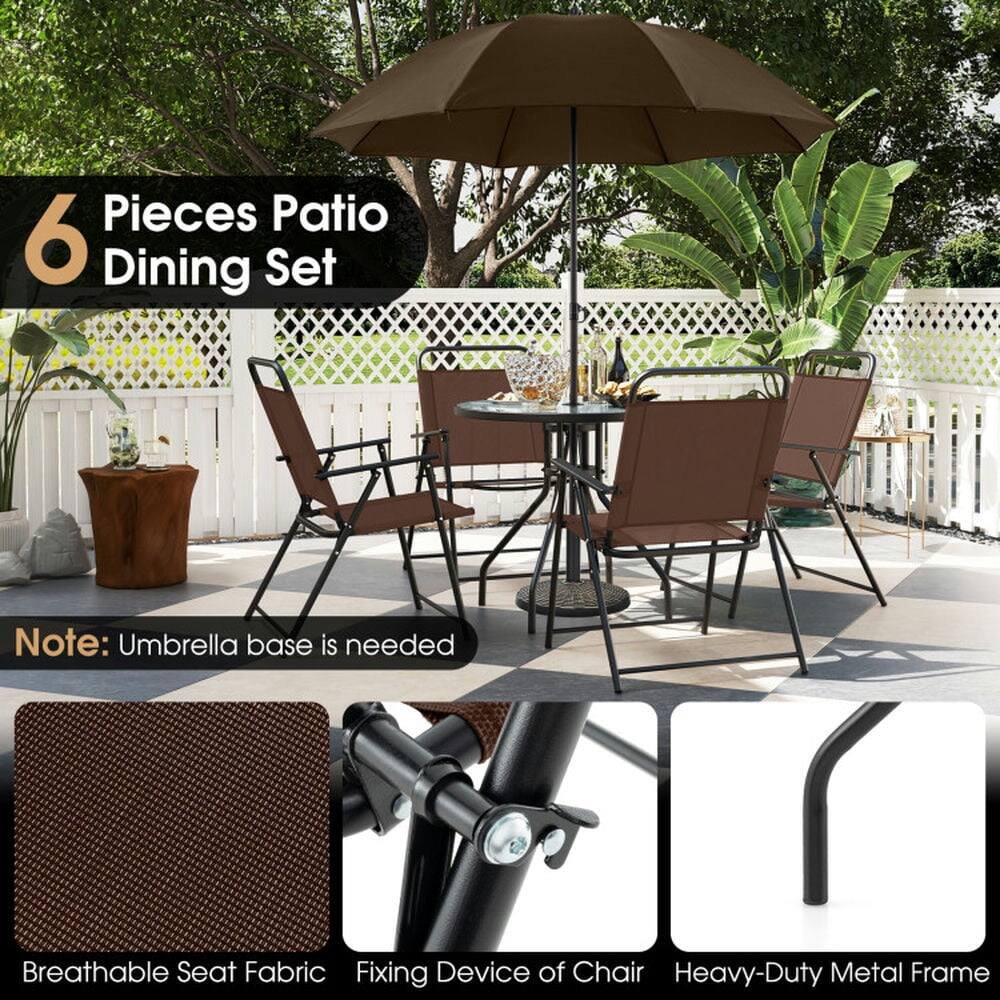 6 Pieces Patio Dining Set

Note: Umbrella base is needed

- Breathable Seat Fabric
- Fixing Device of Chair
- Heavy-Duty Metal Frame