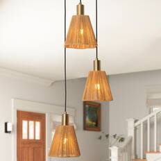 Front. Parrot Uncle - 15" W Rustic Brass 3-Light Kitchen Island Pendant Light with Paper Rope Shades - Gold.
