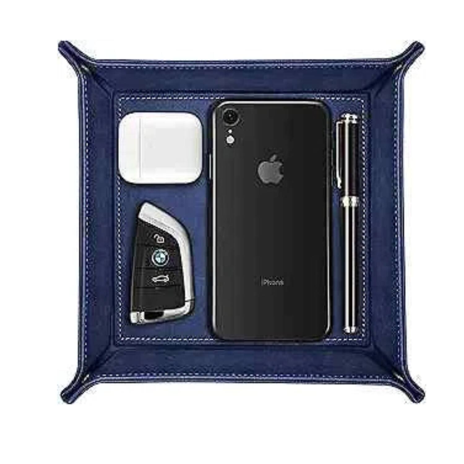 Front. Stock Preferred - Valet Tray PU Leather Desktop Storage Organizer - Dark Blue.