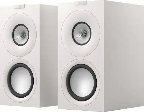 The image features two KEF speakers with a white finish. These speakers are designed with a neodymium driver array and use advanced acoustic technology for improved sound quality. The speakers are also equipped with absorption technology to minimize distortion and enhance the listening experience.