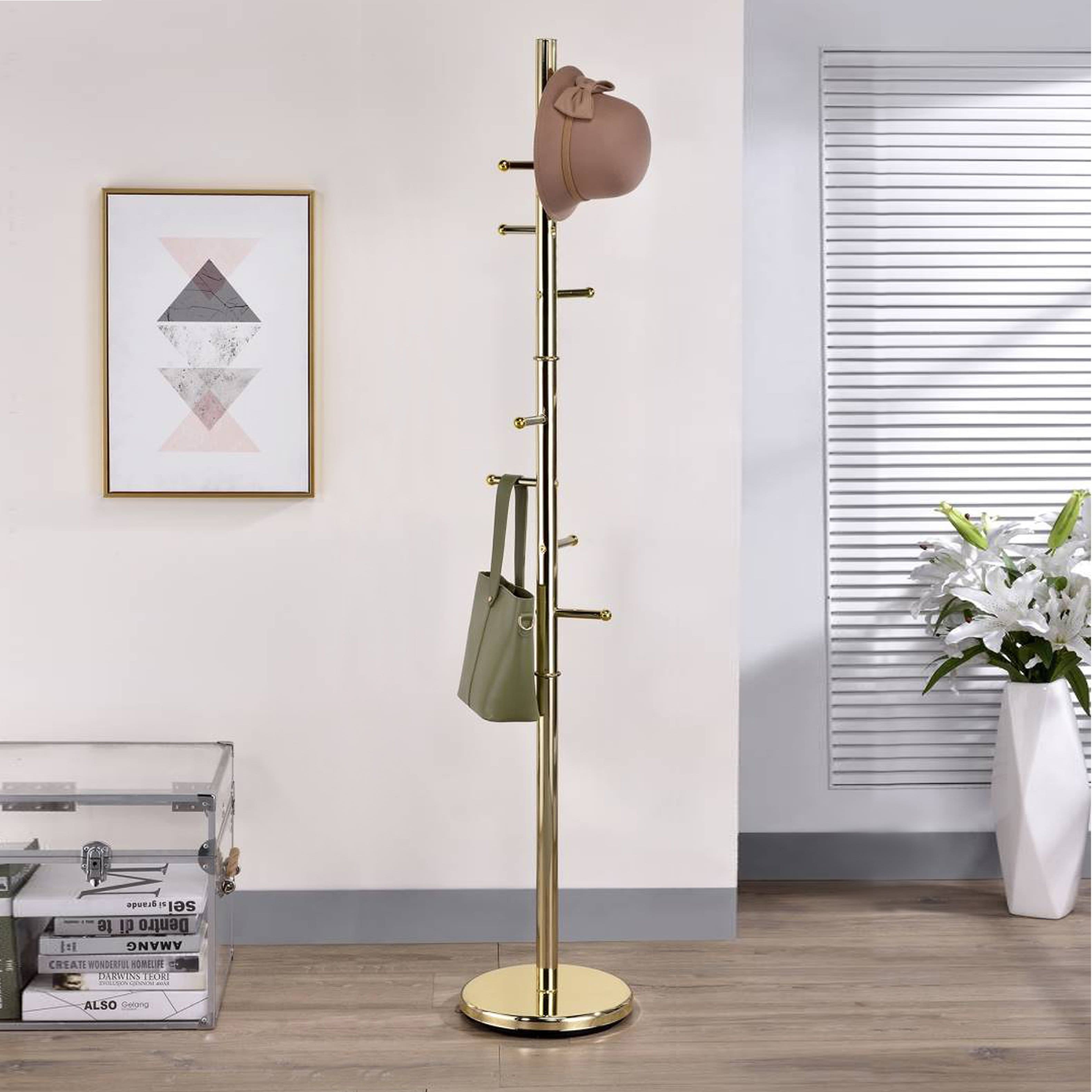 Kings Brand Furniture - Hyre 8 Hook Entryway Hall Tree Coat & Hat Rack Stand, Brass - Gold