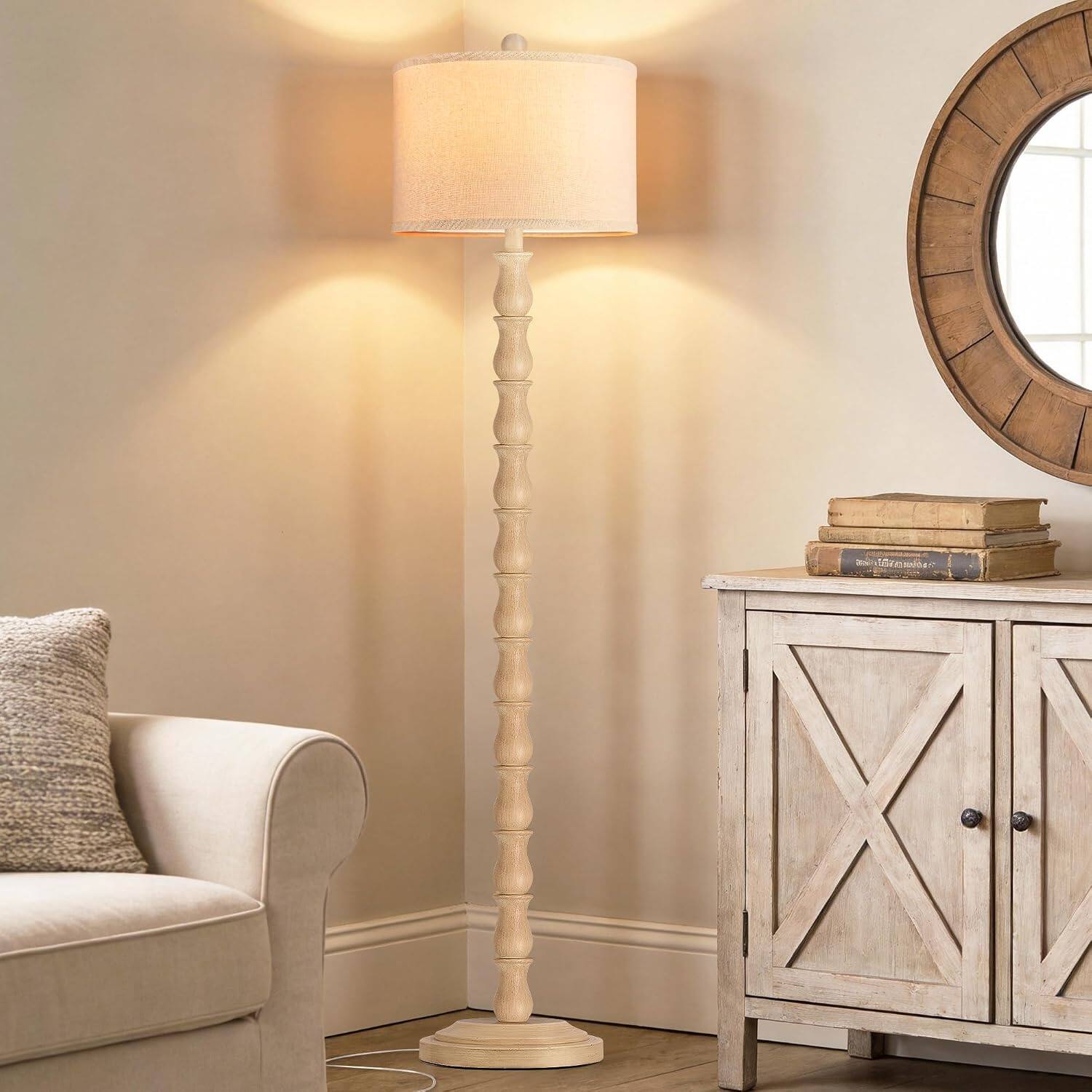 Alt View 1. partphoner - 63.5" Rustic Floor Lamp for Living Room, Farmhouse Floor Lamp with Rotary Switch & Linen Shade - Cream White.