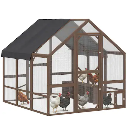 Front. Pawhut - Wooden Chicken Coop for 8-10 Hens, Walk-in Chicken Run with Waterproof Cover - Dark Brown.