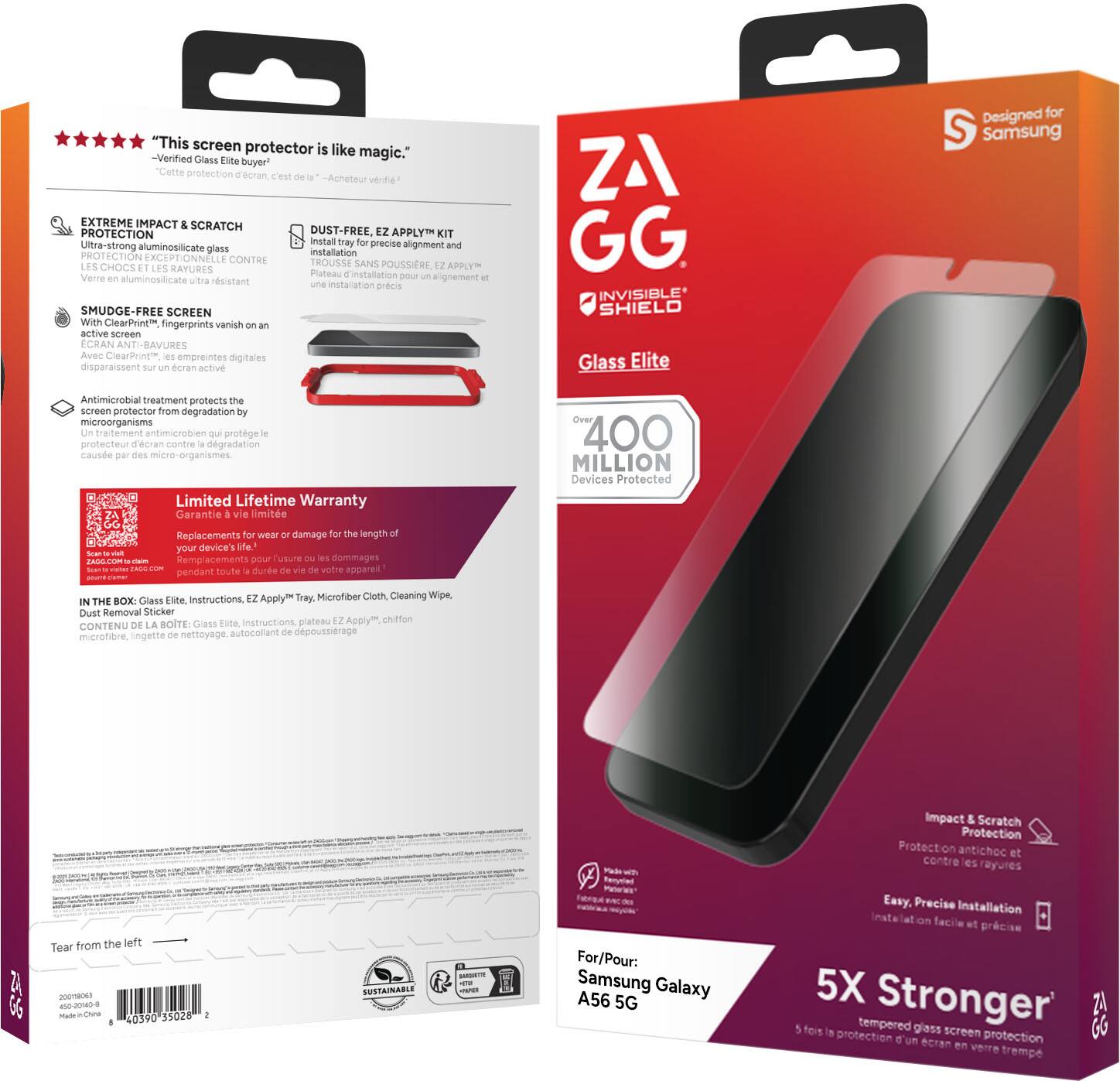 This screen protector is like magic. - Verified Glass Elite buyer!

EXTREME IMPACT & SCRATCH PROTECTION
Ultra-strong aluminosilicate glass
PROTECTION EXCEPTIONNELLE CONTRE TROUSSE LES CHOCS SANS POUSSIERE

DUST-FREE EZ APPLY™ KIT
Install tray for precise alignment and installation

SMUDGE-FREE SCREEN
With ClearPrint™, fingerprints vanish on active screen

GG INVISIBLE SHIELD
Glass Elite
Designed for Samsung

Antimicrobial treatment protects the screen protector from degradation by microorganisms

Limited Lifetime Warranty
Garantie vie limitée
400 MILLION Devices Protected

Replacements for wear or damage for the length of your device's life.