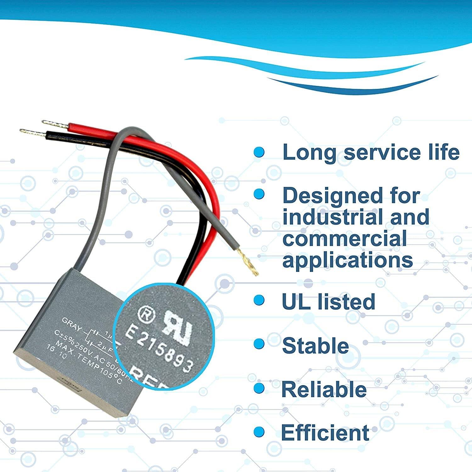 Long service life  
Designed for industrial and commercial applications  
UL listed  
Stable  
Reliable  
Efficient  

R GRAY LR 1u C+5% 250V MAX 4E 16 2uF E215893 10 AC TEMP 105C 50/60Hz