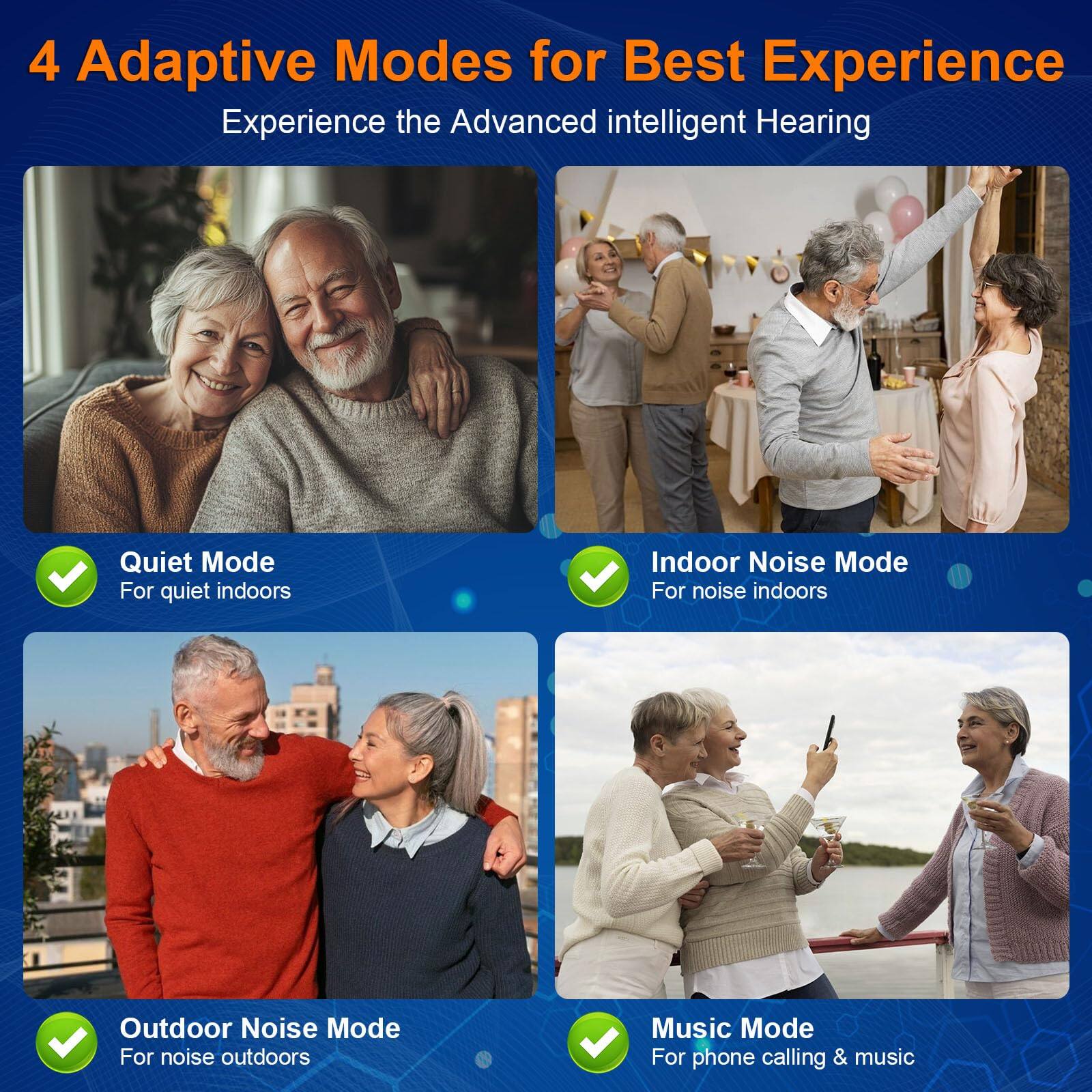 4 Adaptive Modes for Best Experience  
Experience the Advanced intelligent Hearing  

- Quiet Mode  
  For quiet indoors  

- Indoor Noise Mode  
  For noise indoors  

- Outdoor Noise Mode  
  For noise outdoors  

- Music Mode  
  For phone calling & music