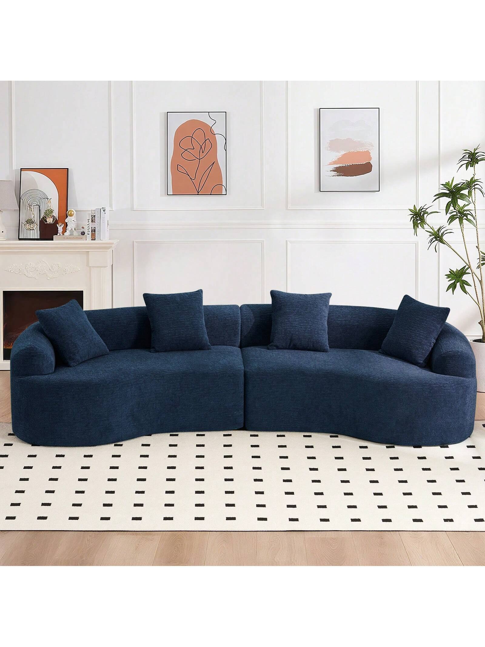Angle. Trinkets Crazed - 110" Curved Sectional Sofa For Living Room,Deep Seat Cloud Floor Couch With 4 Pillows,Chenille Upholstered Couch - Navy.