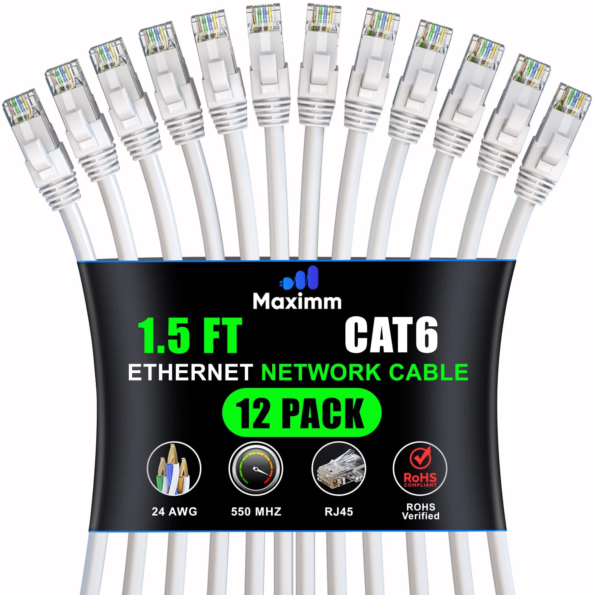 Maximm - Cat 6 Ethernet Cable 1.5 ft (12-Pack) - UTP, 10Gbps, 550MHz