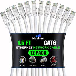 Maximm - Cat 6 Ethernet Cable 1.5 ft (12-Pack) - UTP, 10Gbps, 550MHz