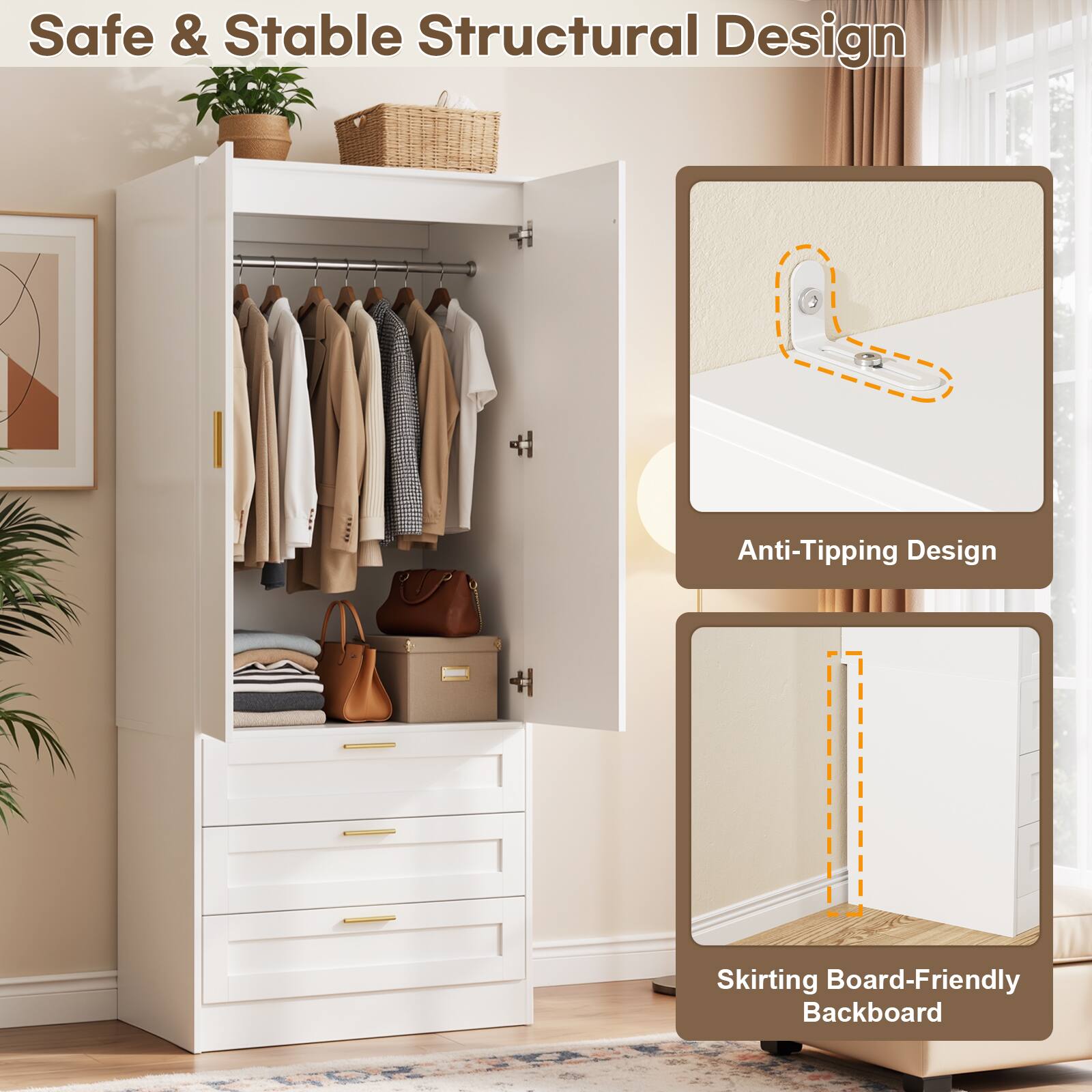 Safe & Stable Structural Design

Anti-Tipping Design

Skirting Board-Friendly Backboard
