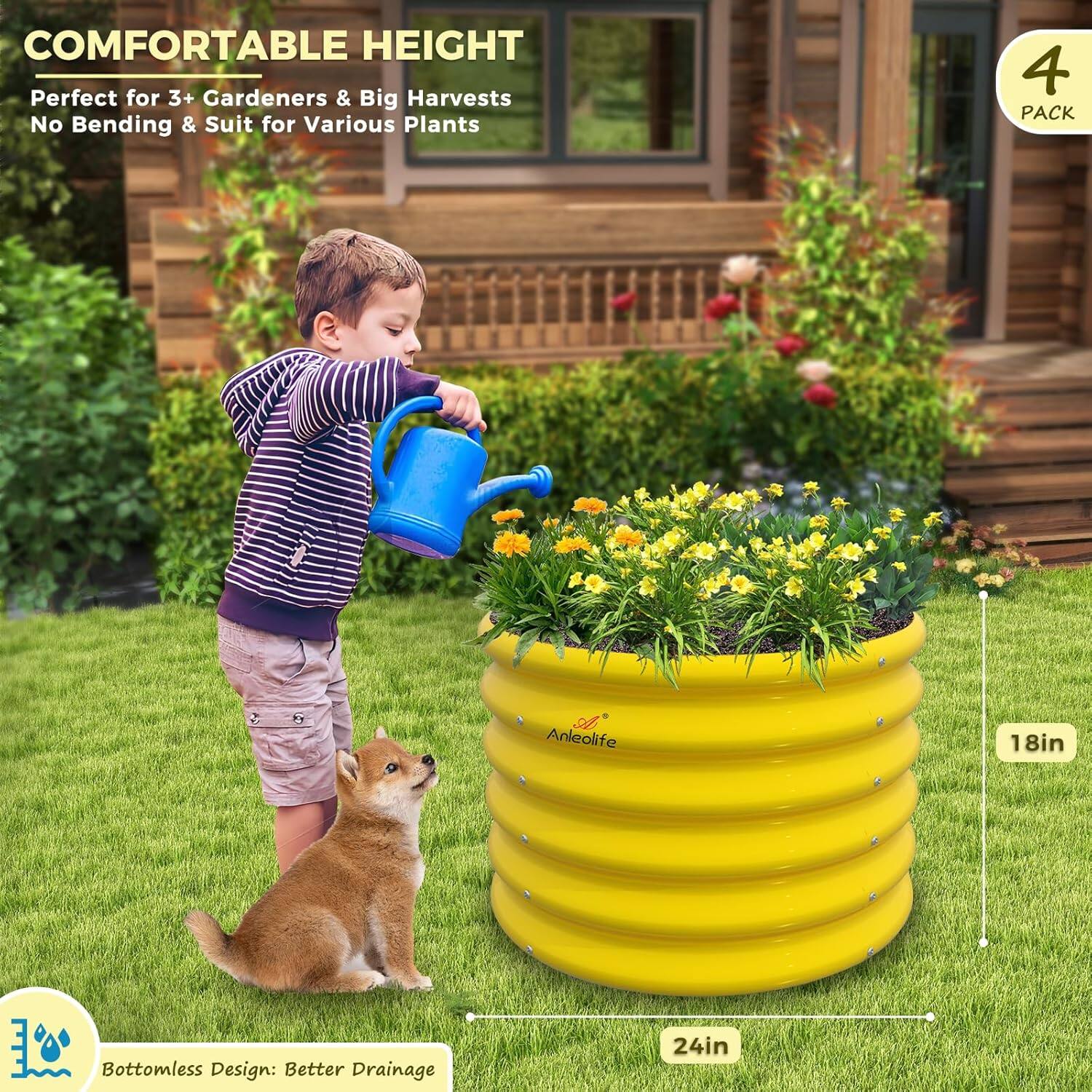 **COMFORTABLE HEIGHT**  
Perfect for 3+ Gardeners & Big Harvests  
No Bending & Suit for Various Plants  

**4 PACK**  

**Bottomless Design: Better Drainage**  

**18in**  
**24in**  

Anleolife