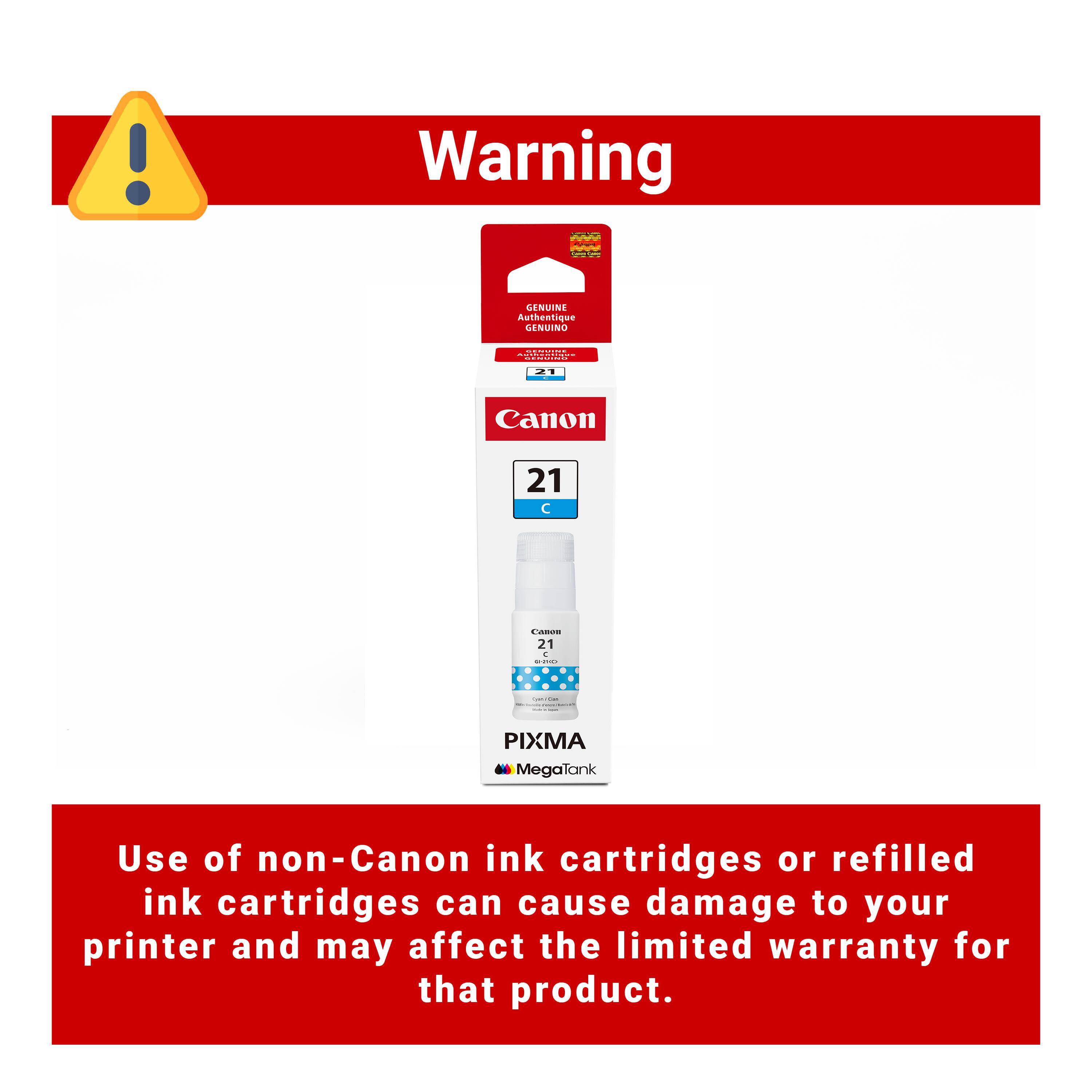 Warning

Use of non-Canon ink cartridges or refilled ink cartridges can cause damage to your printer and may affect the limited warranty for that product.