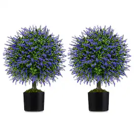 Gymax - Set of 2 Artificial Lavender Topiary Ball Trees 23'' Faux Boxwood Ball Tree - Green, Purple
