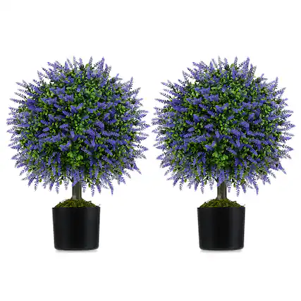 Front. Gymax - Gymax Set of 2 Artificial Lavender Topiary Ball Trees 23'' Faux Boxwood Ball Tree - Green, Purple.