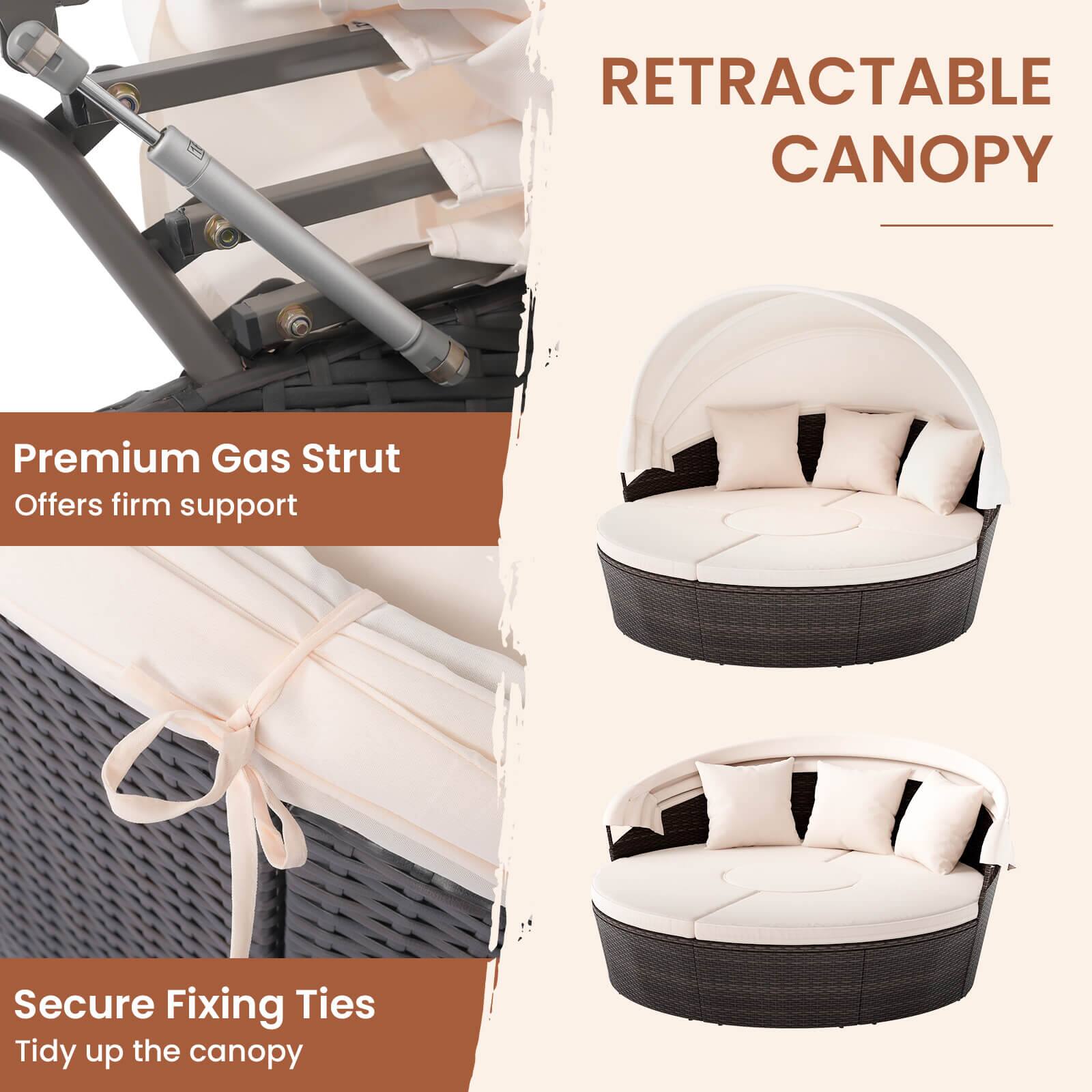 RETRACTABLE CANOPY

Premium Gas Strut  
Offers firm support

Secure Fixing Ties  
Tidy up the canopy