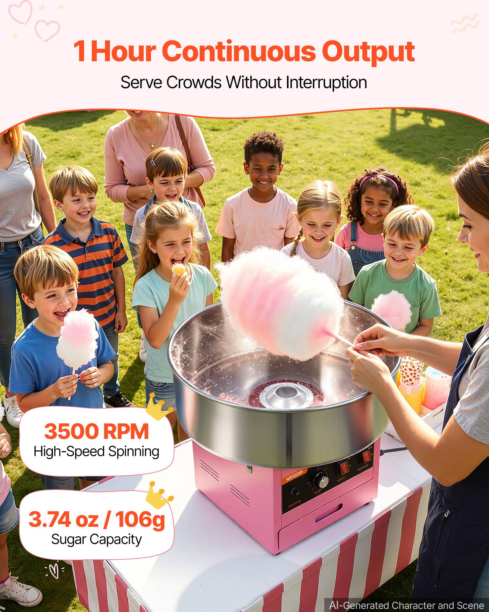 1 Hour Continuous Output  
Serve Crowds Without Interruption

3500 RPM High-Speed Spinning

3.74 oz / 106g Sugar Capacity

AI-Generated Character and Scene