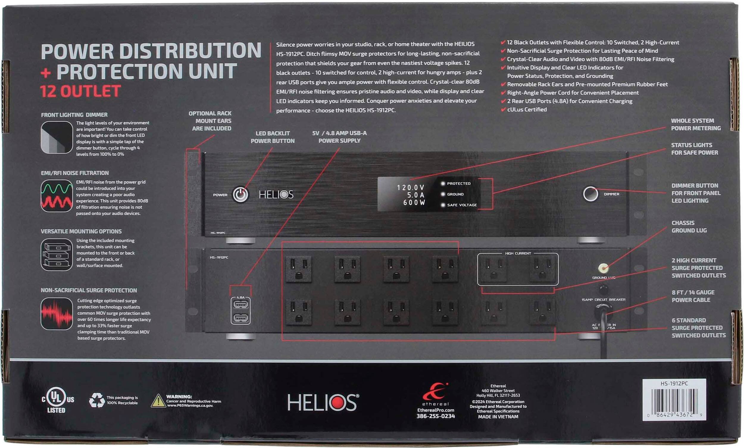 Silence power worries with the HEILIOS HS-1912PC Power Distribution Unit. This unit provides long-lasting, non-sacrificial protection against nastiest voltage spikes. The 12-outlet surge protector features high-current hungry amps ports and ample power for flexible control. The unit also includes a front lighting dimmer and an optional rack mount, making it a versatile solution for studio, rack, and home theater applications. The HS-1912PC offers crystal-clear 80dB 12-outlet EMI/RFI noise filtering, ensuring pristine audio and video performance. The unit also includes intuitive display indicators for power status, protection, and grounding, as well as removable pre-mounted premium rubber right-angle power ports. The HS-1912PC is CULus certified and features a convenient removable power supply through black outlets.