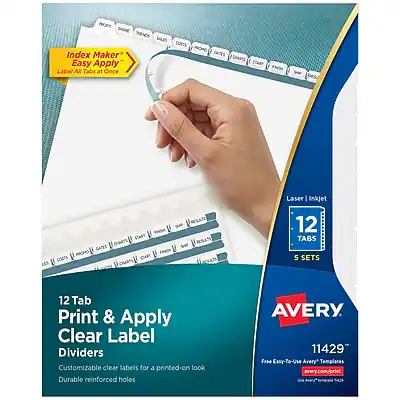Index Maker Easy Apply Label Tabs at Once
Customizable clear labels for a printed-on look
Durable reinforced holes
Avery 11429
12 Tabs
5 Sets
Laser | Inkjet
Free Easy-To-Use Avery Templates
avery.com/print