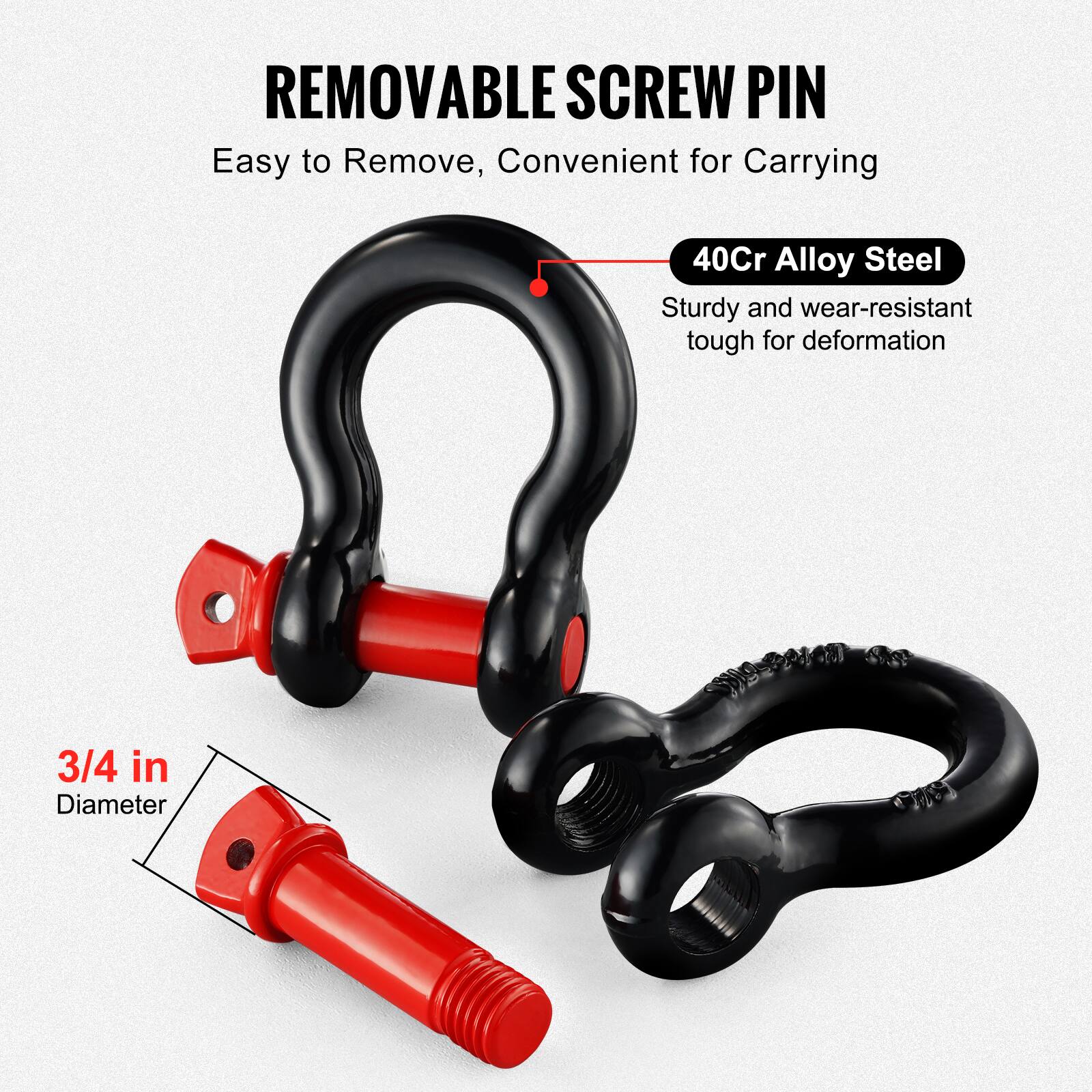 REMOVABLE SCREW PIN  
Easy to Remove, Convenient for Carrying  

40Cr Alloy Steel  
Sturdy and wear-resistant tough for deformation  

3/4 in Diameter