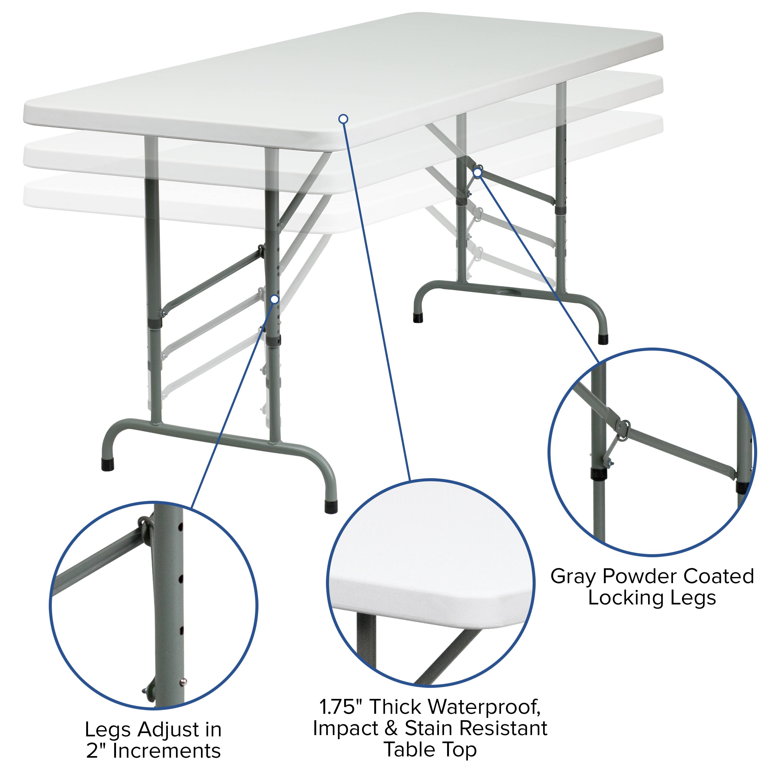 Gray Powder Coated Locking Legs  
Legs Adjust in 2" Increments  
1.75" Thick Waterproof, Impact & Stain Resistant Table Top
