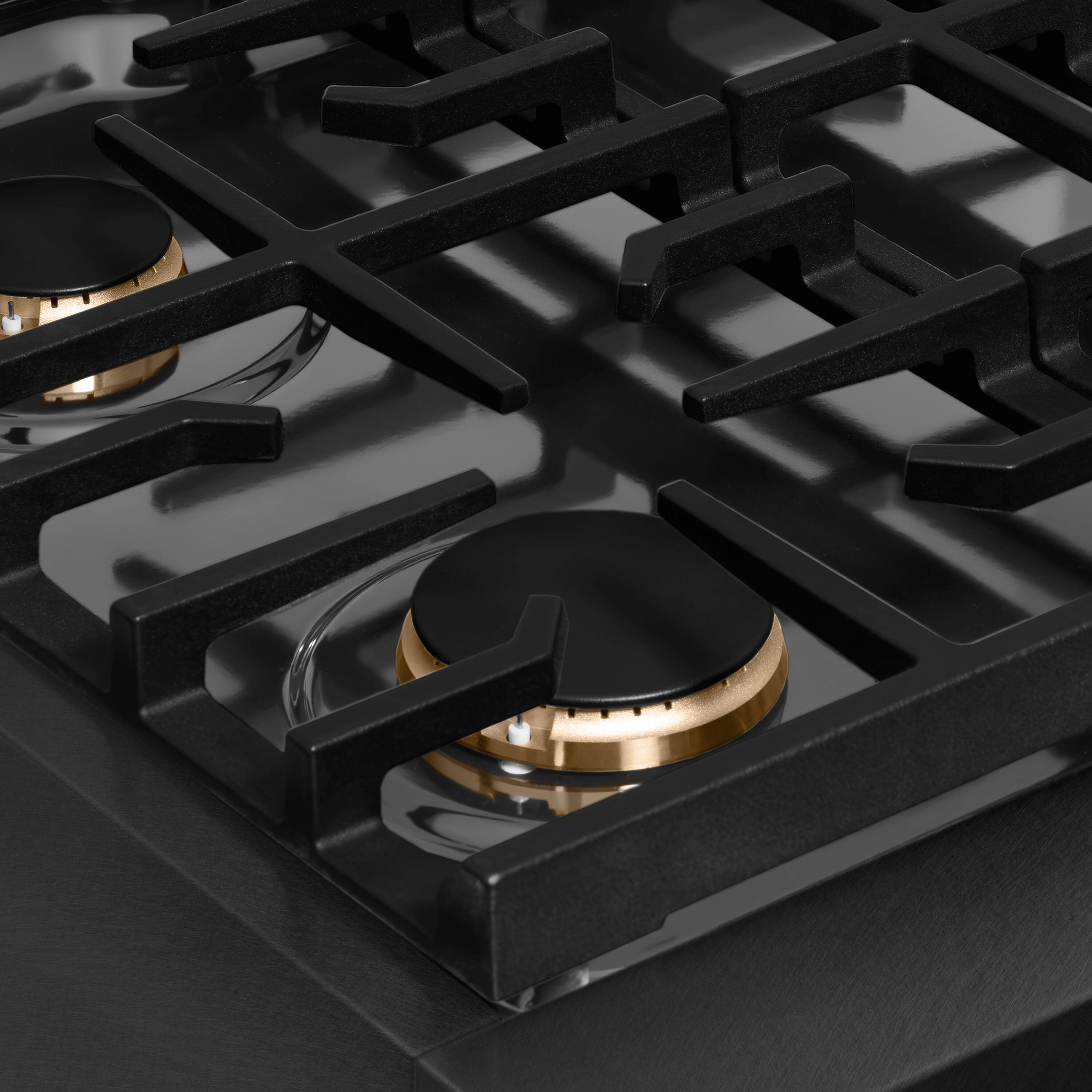 Left. ZLINE - ZLINE Autograph 30 in. 4 Burner Paramount Gas Rangetop in Black Satin Stainless Steel with Gold Accents (SRTBSZ-30-G) - Black Satin Stainless Steel.