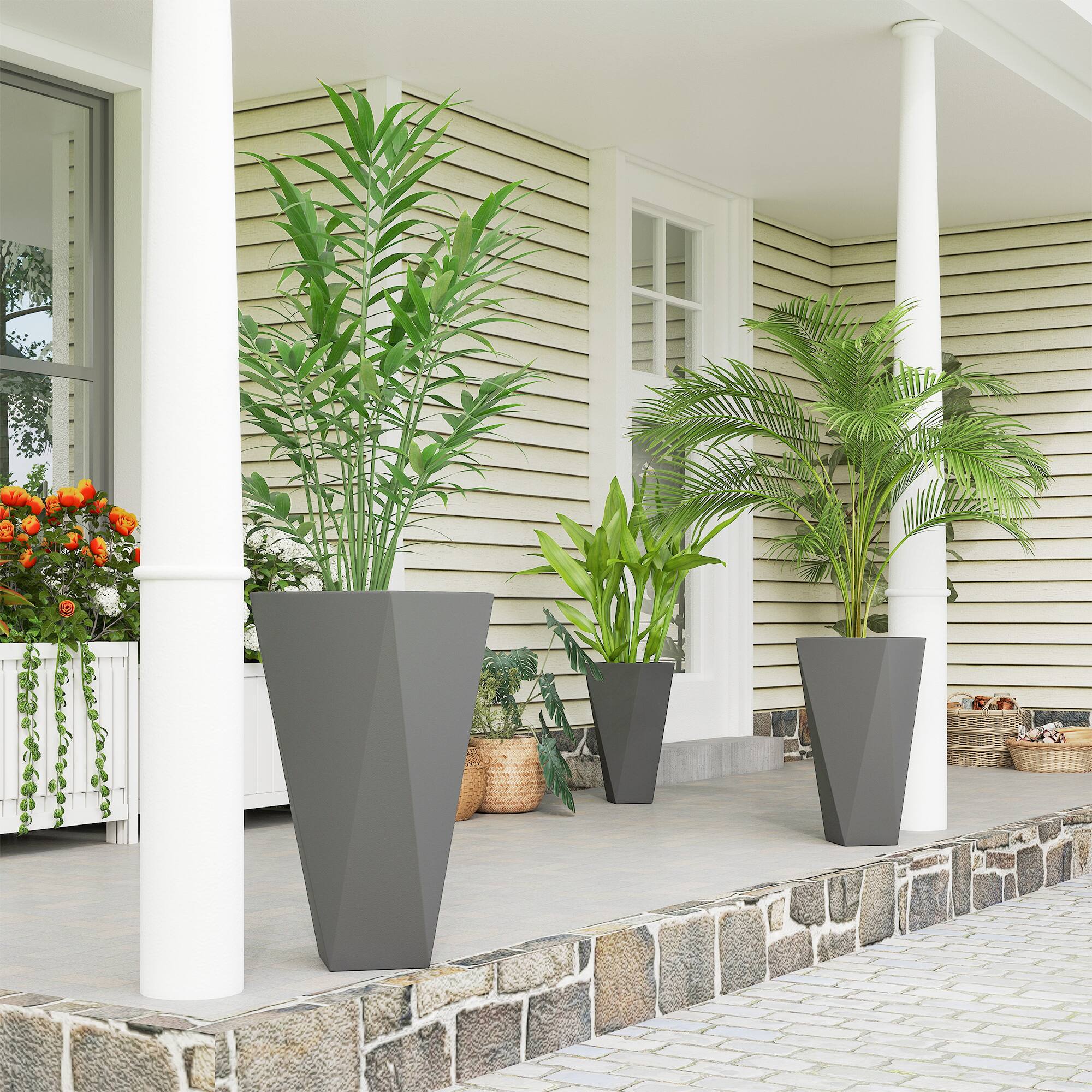 Alt View 1. Outsunny - Set of 3 Tall Planters, 28.75", 24.5", 20.5", MgO Indoor Outdoor Planters with Drainage Holes - Gray.